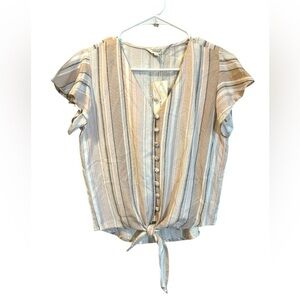 Sum & Sam Tan and Blue Flutter Sleeve Tie Front Blouse